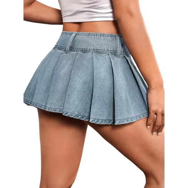 Floerns Women's Low Waist Pleated Hem Denim Mini Skirt Without Belt