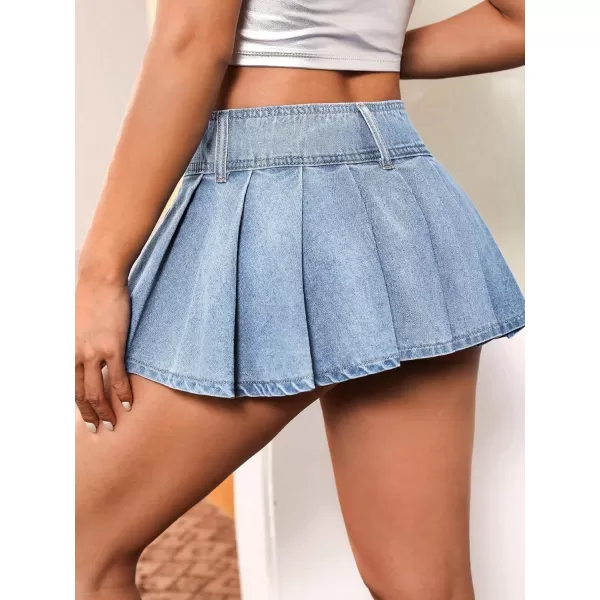 Floerns Women's Low Waist Pleated Hem Denim Mini Skirt Without Belt