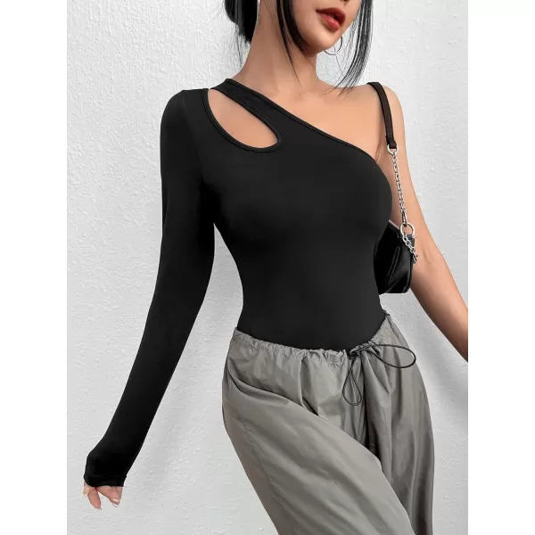 Floerns Women's One Shoulder Long Sleeve Stretch Bodysuit Jumpsuit