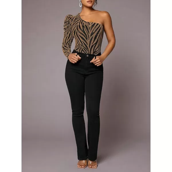 Floerns Women's One Shoulder Long Sleeve Stretch Bodysuit Jumpsuit