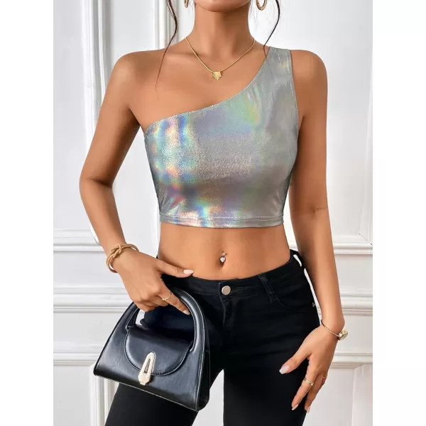 Floerns Women's One Shoulder Sleeveless Holographic Metallic Crop Tank Top