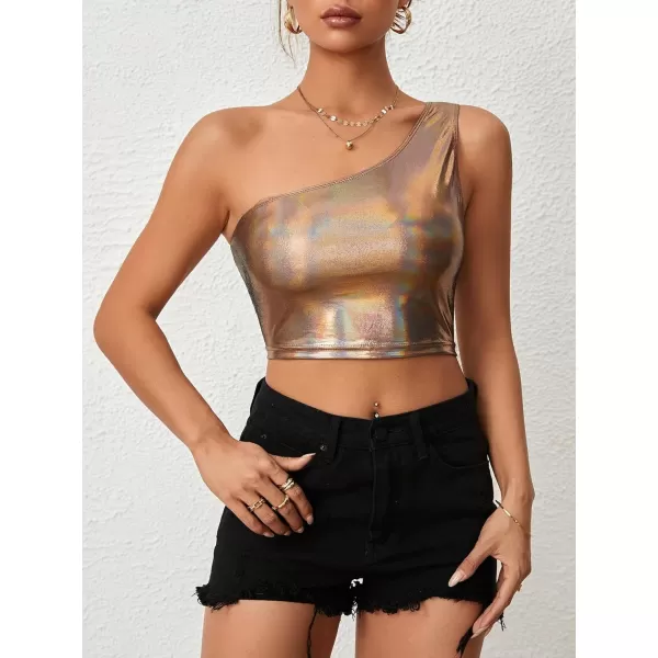 Floerns Women's One Shoulder Sleeveless Holographic Metallic Crop Tank Top