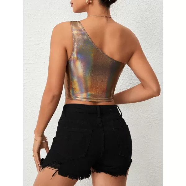 Floerns Women's One Shoulder Sleeveless Holographic Metallic Crop Tank Top