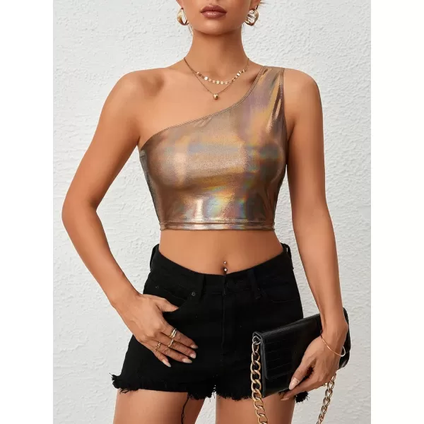 Floerns Women's One Shoulder Sleeveless Holographic Metallic Crop Tank Top