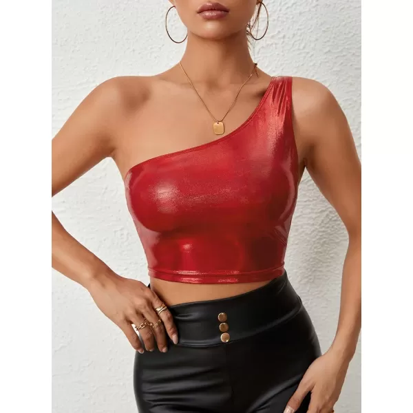 Floerns Women's One Shoulder Sleeveless Holographic Metallic Crop Tank Top