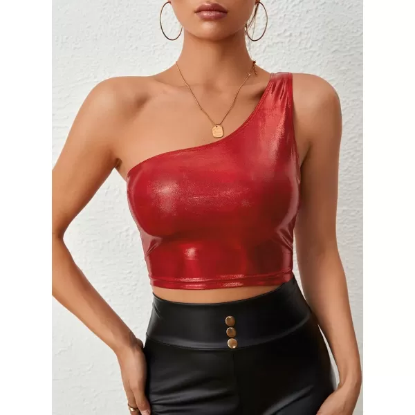 Floerns Women's One Shoulder Sleeveless Holographic Metallic Crop Tank Top