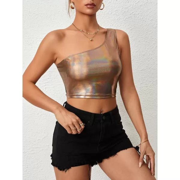 Floerns Women's One Shoulder Sleeveless Holographic Metallic Crop Tank Top