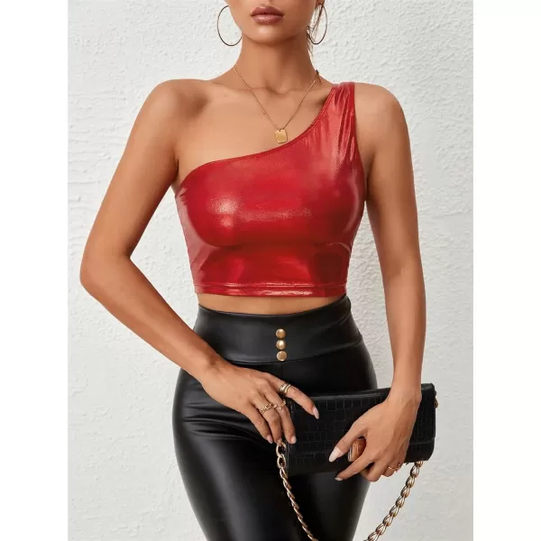 Floerns Women's One Shoulder Sleeveless Holographic Metallic Crop Tank Top