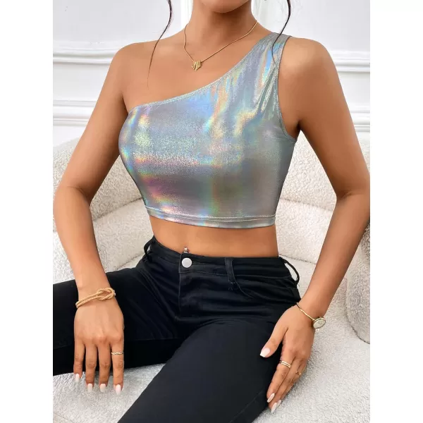Floerns Women's One Shoulder Sleeveless Holographic Metallic Crop Tank Top