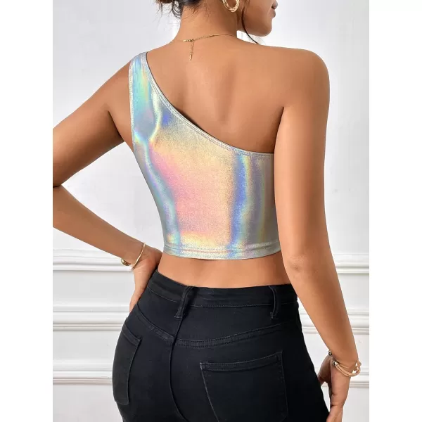 Floerns Women's One Shoulder Sleeveless Holographic Metallic Crop Tank Top
