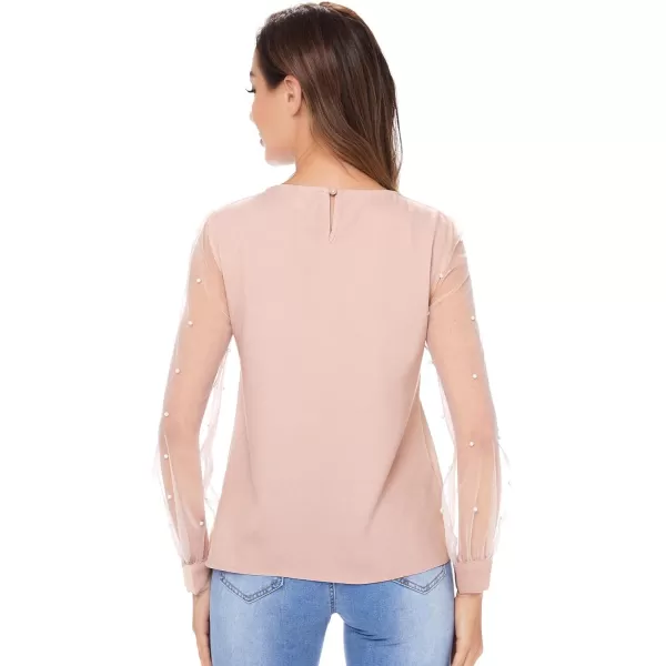 Floerns Women's Pearl Sheer Mesh Long Sleeve Tops Blouse