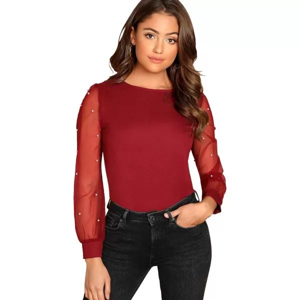 Floerns Women's Pearl Sheer Mesh Long Sleeve Tops Blouse