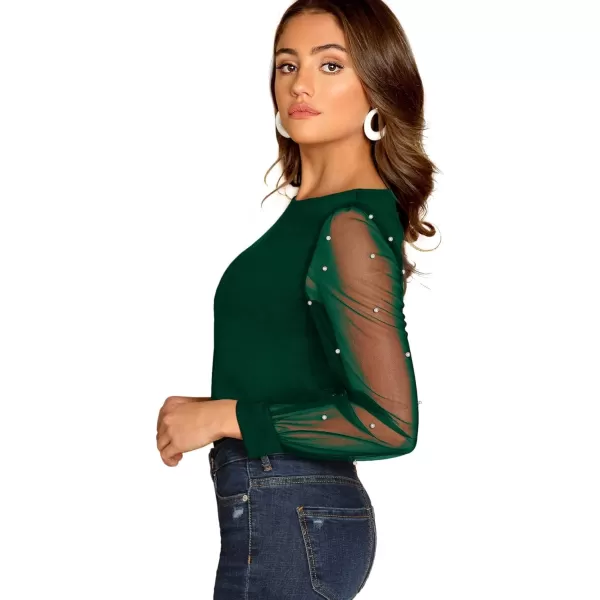 Floerns Women's Pearl Sheer Mesh Long Sleeve Tops Blouse