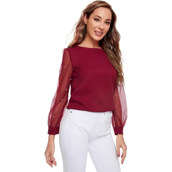 Floerns Women's Pearl Sheer Mesh Long Sleeve Tops Blouse