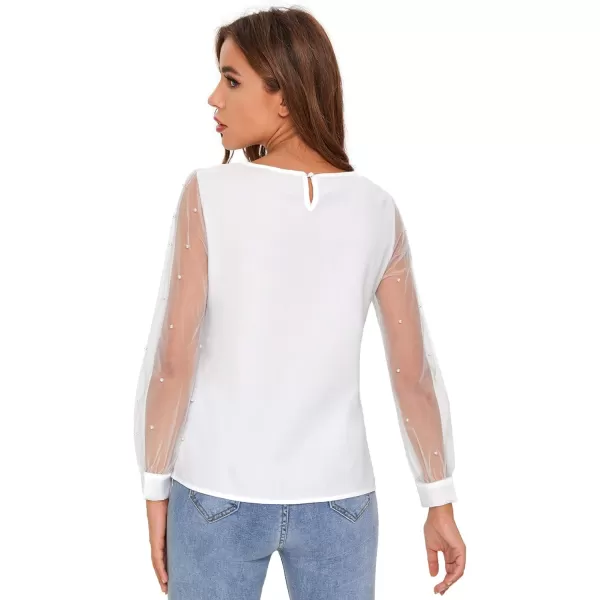 Floerns Women's Pearl Sheer Mesh Long Sleeve Tops Blouse