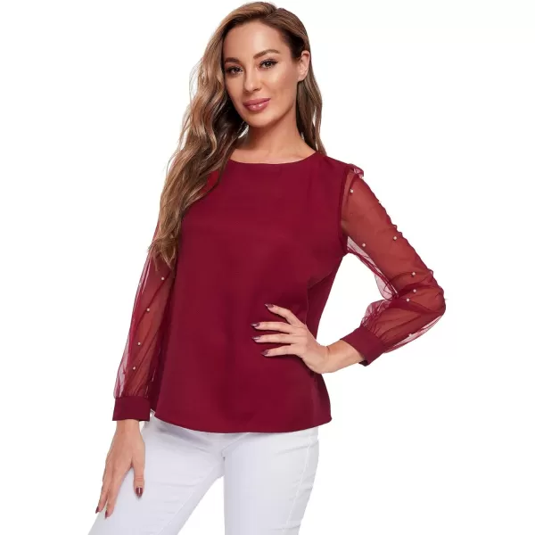 Floerns Women's Pearl Sheer Mesh Long Sleeve Tops Blouse