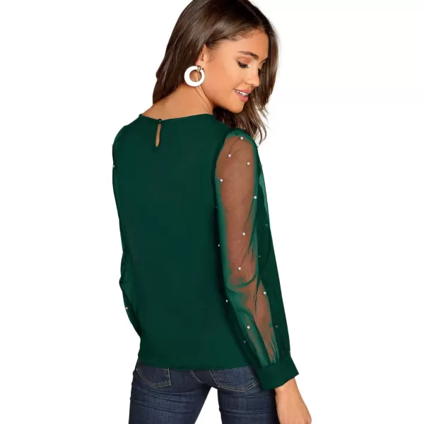 Floerns Women's Pearl Sheer Mesh Long Sleeve Tops Blouse