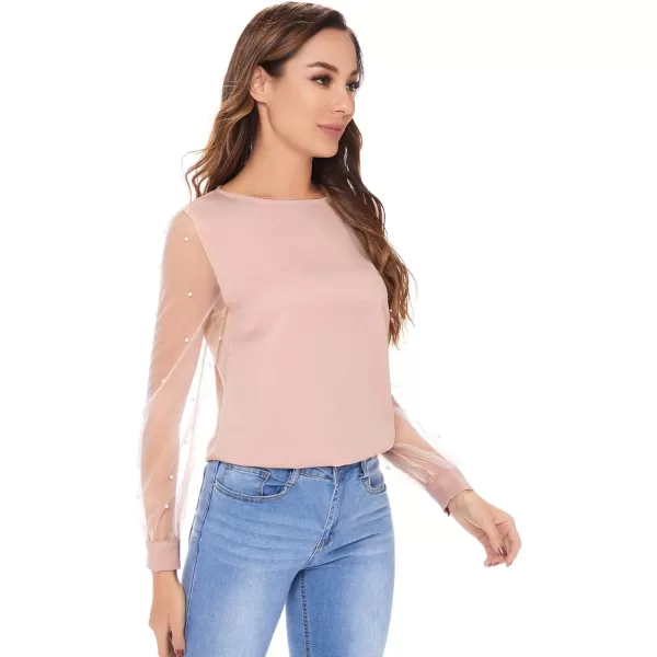 Floerns Women's Pearl Sheer Mesh Long Sleeve Tops Blouse