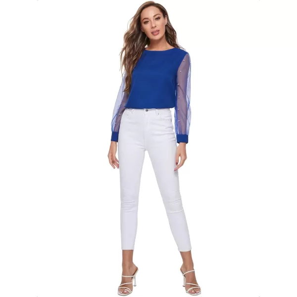 Floerns Women's Pearl Sheer Mesh Long Sleeve Tops Blouse