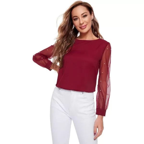 Floerns Women's Pearl Sheer Mesh Long Sleeve Tops Blouse