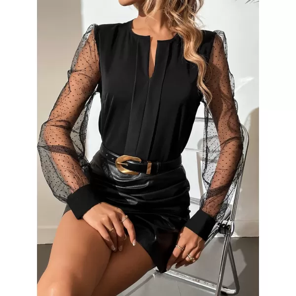 Floerns Women's Pearl Sheer Mesh Long Sleeve Tops Blouse