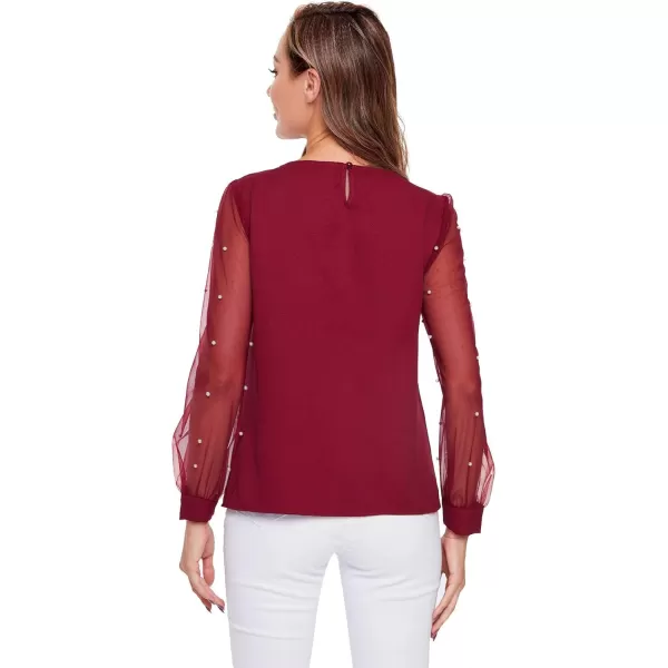 Floerns Women's Pearl Sheer Mesh Long Sleeve Tops Blouse