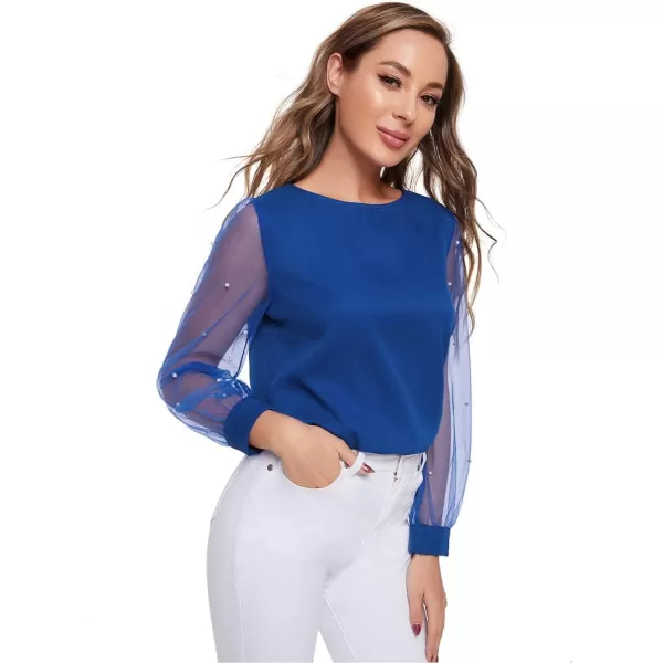 Floerns Women's Pearl Sheer Mesh Long Sleeve Tops Blouse