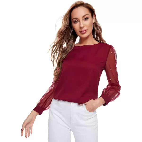 Floerns Women's Pearl Sheer Mesh Long Sleeve Tops Blouse
