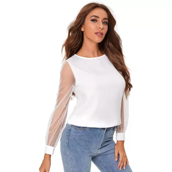 Floerns Women's Pearl Sheer Mesh Long Sleeve Tops Blouse