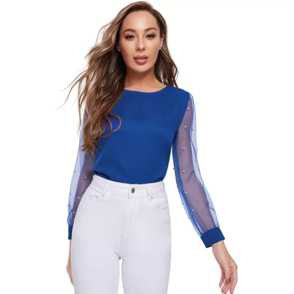 Floerns Women's Pearl Sheer Mesh Long Sleeve Tops Blouse