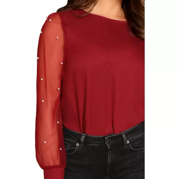 Floerns Women's Pearl Sheer Mesh Long Sleeve Tops Blouse