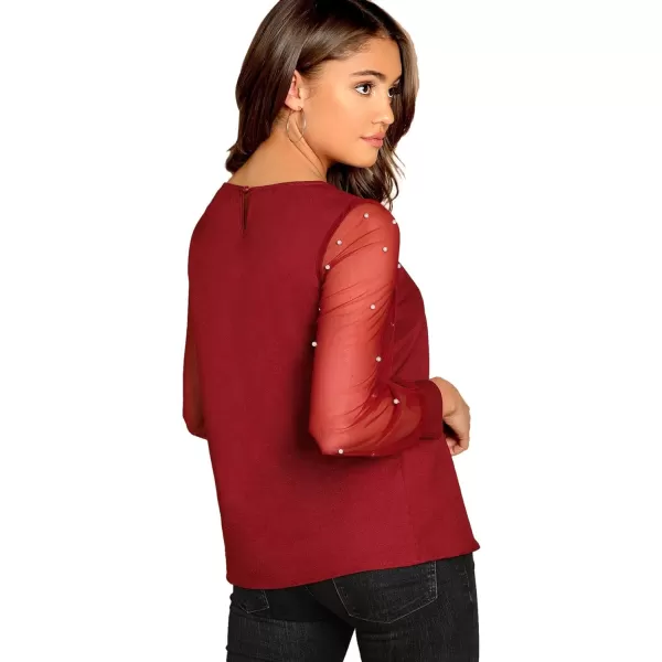 Floerns Women's Pearl Sheer Mesh Long Sleeve Tops Blouse
