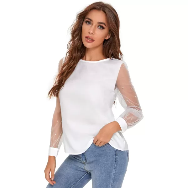 Floerns Women's Pearl Sheer Mesh Long Sleeve Tops Blouse
