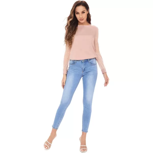 Floerns Women's Pearl Sheer Mesh Long Sleeve Tops Blouse