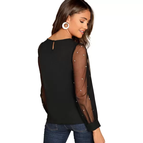 Floerns Women's Pearl Sheer Mesh Long Sleeve Tops Blouse