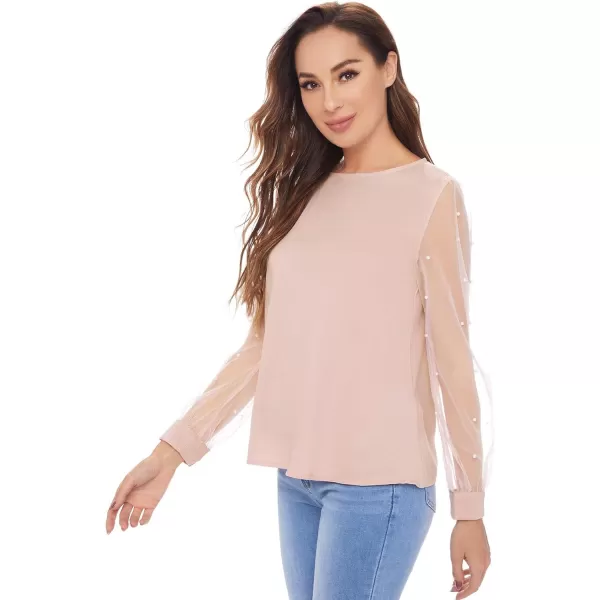 Floerns Women's Pearl Sheer Mesh Long Sleeve Tops Blouse