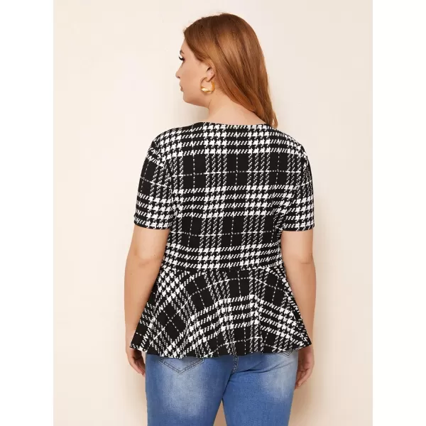 Floerns Women's Plus Plaid Print Short Sleeve Round Neck Ruffle Peplum Blouse Tops