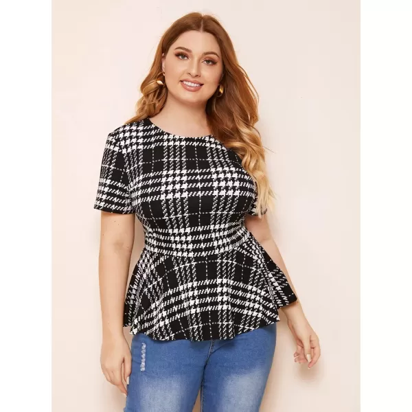 Floerns Women's Plus Plaid Print Short Sleeve Round Neck Ruffle Peplum Blouse Tops