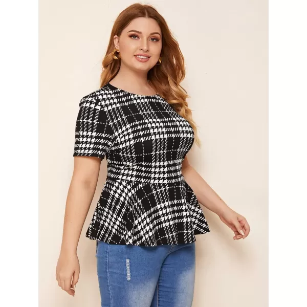 Floerns Women's Plus Plaid Print Short Sleeve Round Neck Ruffle Peplum Blouse Tops