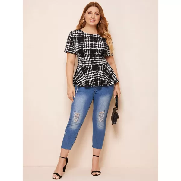 Floerns Women's Plus Plaid Print Short Sleeve Round Neck Ruffle Peplum Blouse Tops