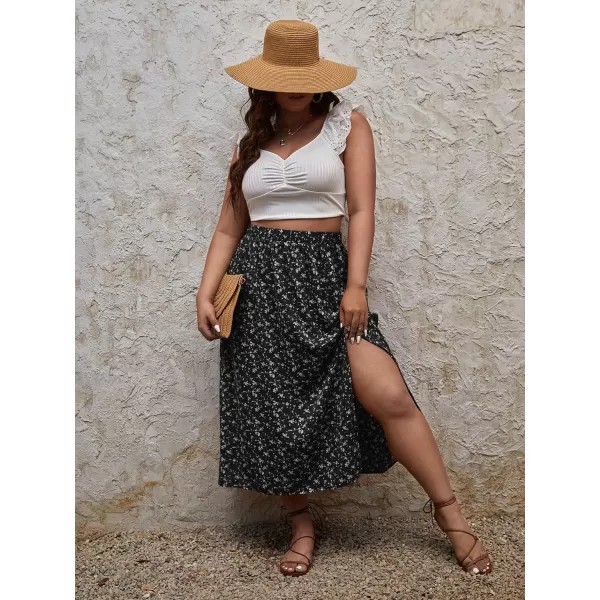 Floerns Women's Plus Size Boho Floral High Waist Split Thigh A Line Midi Skirt