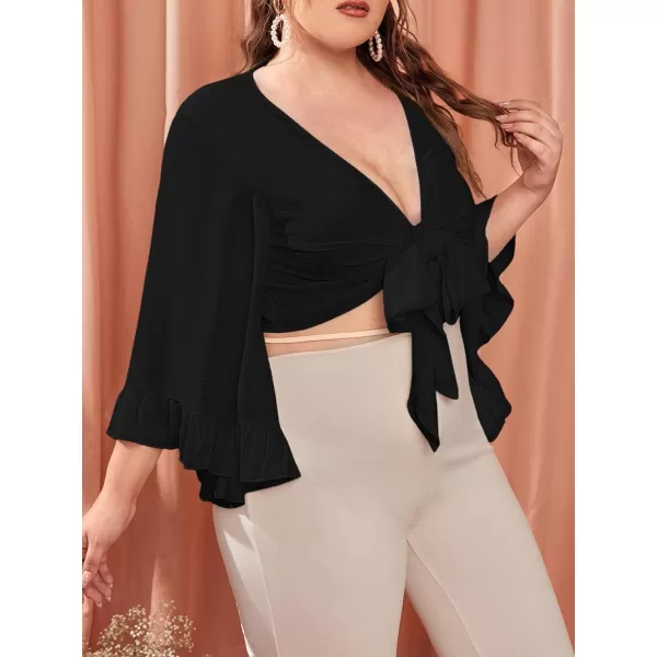 Floerns Women's Plus Size Flare Sleeve V Neck Knot Front Solid Crop Top Blouse