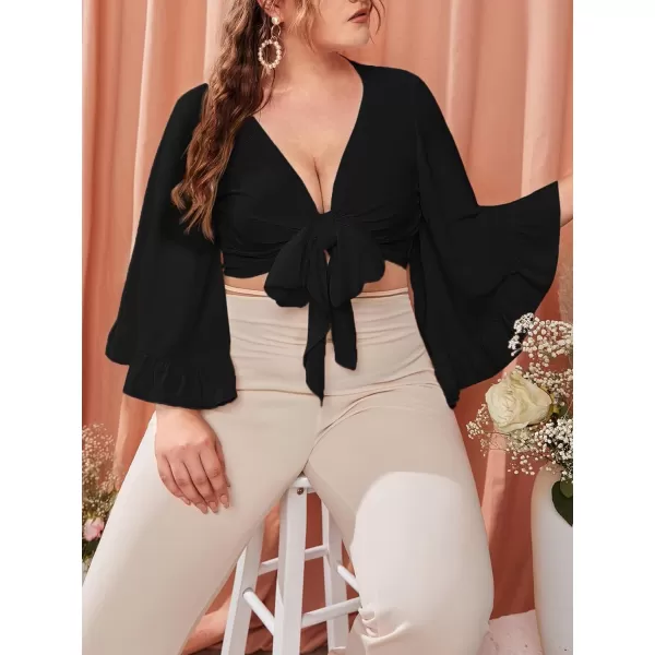 Floerns Women's Plus Size Flare Sleeve V Neck Knot Front Solid Crop Top Blouse