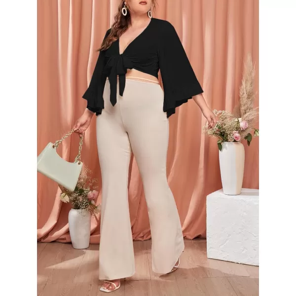 Floerns Women's Plus Size Flare Sleeve V Neck Knot Front Solid Crop Top Blouse