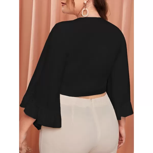 Floerns Women's Plus Size Flare Sleeve V Neck Knot Front Solid Crop Top Blouse
