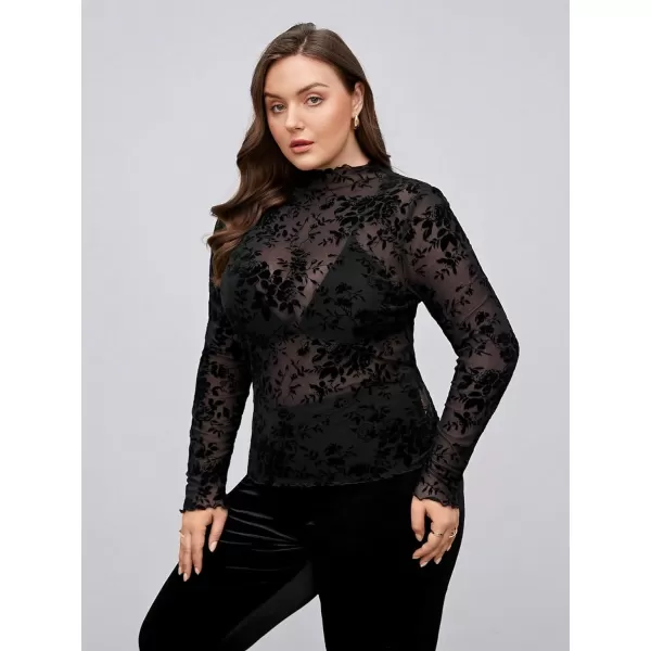 Floerns Women's Plus Size Leopard Print Mock Neck Mesh Long Sleeve Tee Shirt Top