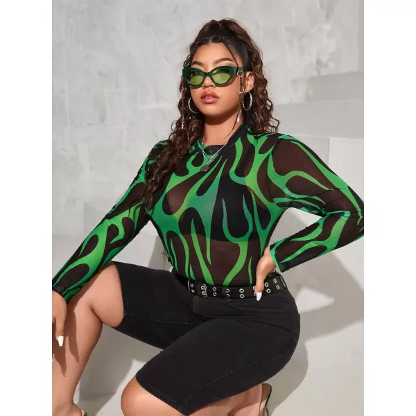 Floerns Women's Plus Size Leopard Print Mock Neck Mesh Long Sleeve Tee Shirt Top