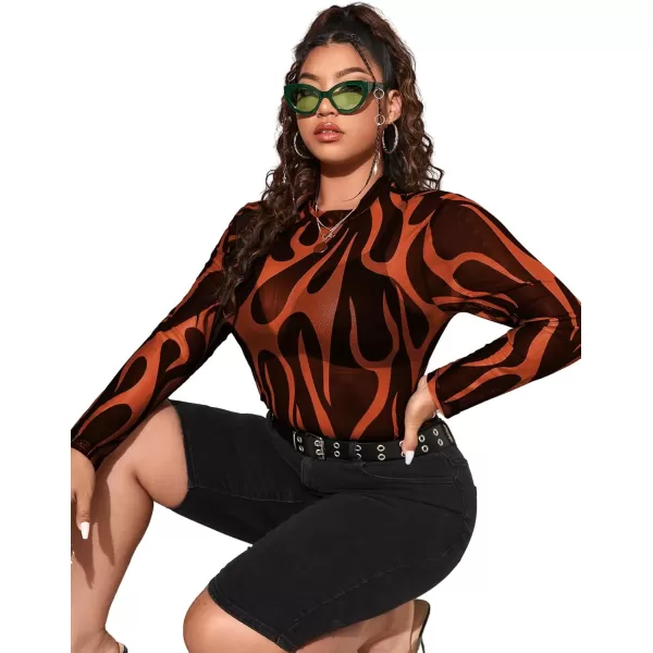 Floerns Women's Plus Size Leopard Print Mock Neck Mesh Long Sleeve Tee Shirt Top