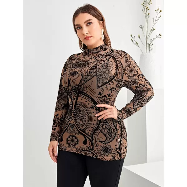 Floerns Women's Plus Size Leopard Print Mock Neck Mesh Long Sleeve Tee Shirt Top