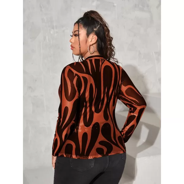 Floerns Women's Plus Size Leopard Print Mock Neck Mesh Long Sleeve Tee Shirt Top